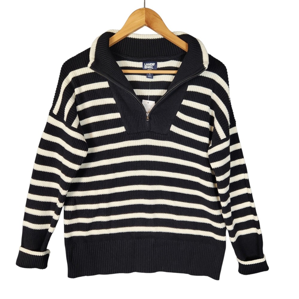 Lands End Drifter Sweater Small Black White Striped Half Zip Cotton NWT Nautical